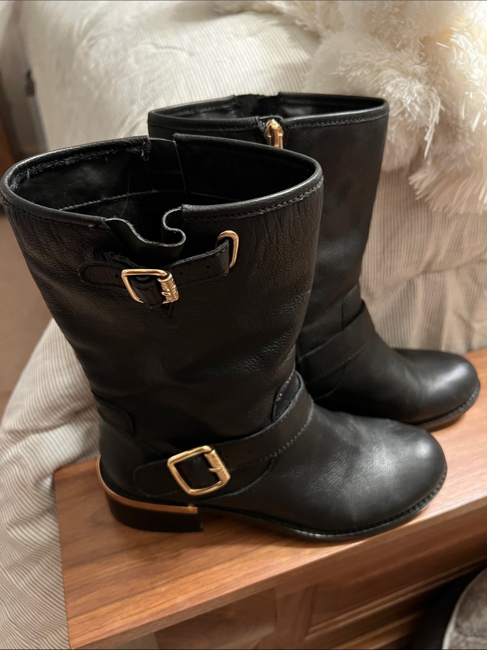 Vince Camuto Black Leather Mid-Calf Moto Boots with Gold Buckles